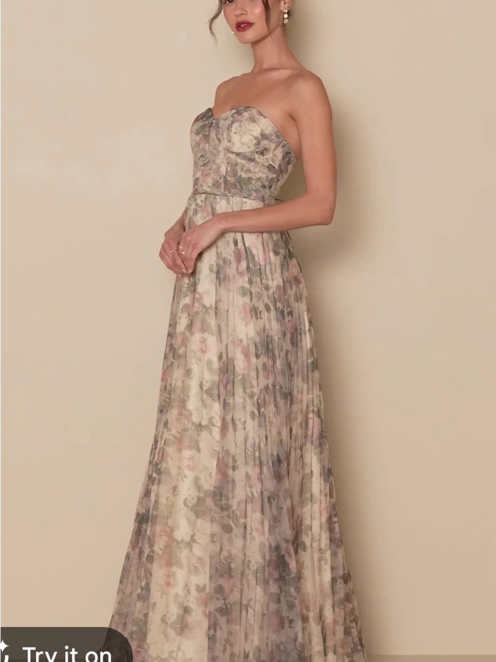 Lulu's Strapless Floral Maxi Gown in Blush and Sage
